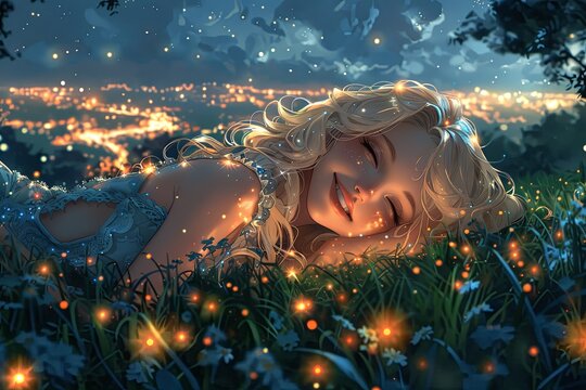 Glistening Blonde Night - Elegant Anime Girl Smiling in Valley Grass Artwork