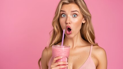  A woman in a pink tank top, eyes widened in surprise, holds a glass of pink drink with an open mouth