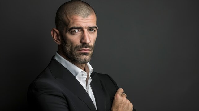  A man in a black suit, white shirt, and bareheaded gazes intently at the camera