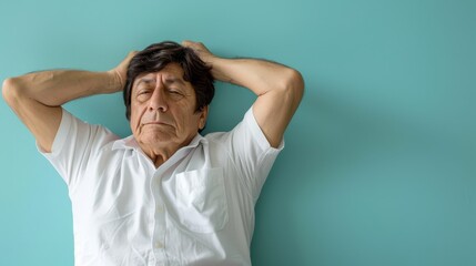  A man in a white shirt is placing his hands at the back of his head