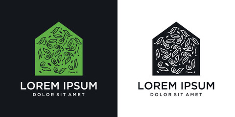 Green house nature logo design, leaf concept at home. inspirationAbstract leaf house logo