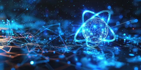 A blue and white image of a sphere with a blue and white line around it