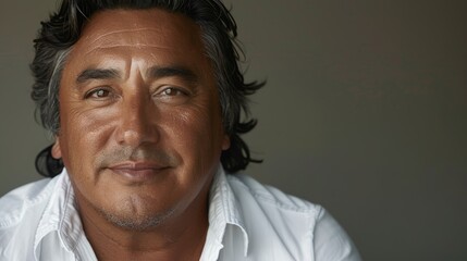 Obraz premium A man in a white shirt gazes intently into the camera with a serious expression