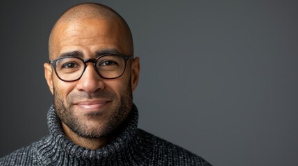 Obraz premium A balding man, wearing glasses and a turtleneck sweater, smiles at the camera