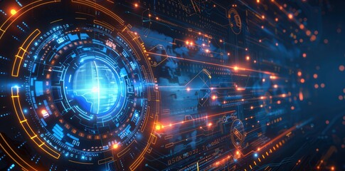 A computer screen with a blue circle and orange lines