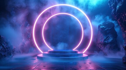 Podium background 3D light tech stage future platform game abstract. Podium 3D background technology room product circle glow effect portal stand studio scene white design ring modern display space
