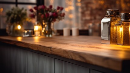 a rustic wooden kitchen counter with a blurred background