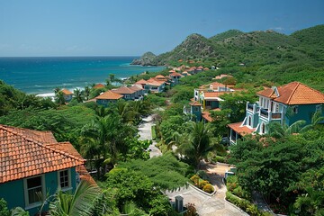 Obraz premium Serene Paradise: Blue Skies, Lush Trees, and White Shades