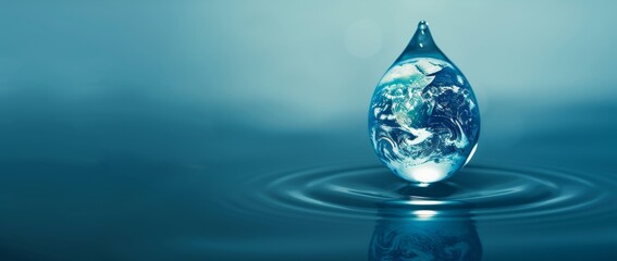A water drop with the Earth inside, symbolizing global environmental protection and World Water Day concept.