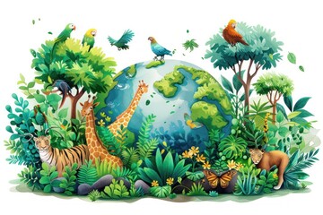 A painting of a green planet with animals on it