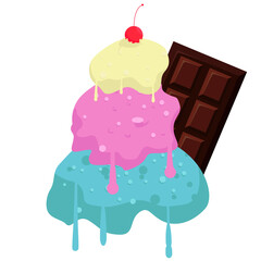 ice cream three sweet flavor with cherry on the top and chocolate bar illustration. Milk strawberry and blueberry flavor clip art