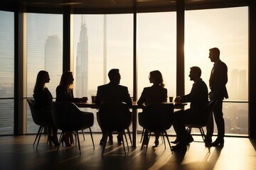 Obraz premium Silhouettes of business people in meeting room having discussion and brainstorming