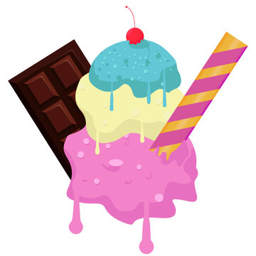 recommend clip art: ice cream three sweet flavor with cherry on the top wafer stick cream pink chocolate and chocolate bar illustration. Milk strawberryy and blueberry flavor clip art
