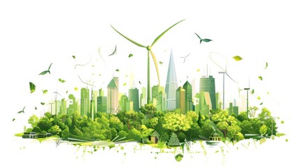 A cityscape with a windmill and trees