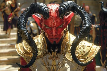 Powerful Red-Skinned Hero: Elegant Pose with Long Black Horns in Elaborate Costume