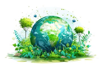A green and blue planet with trees and flowers surrounding it