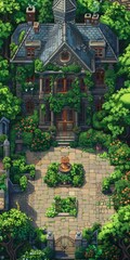 Obraz premium Serene pixel art garden scene with a cozy house in the distance Generate AI