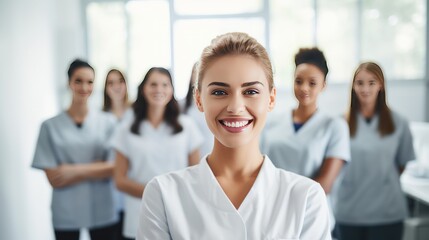 Fototapeta premium young female dentist standing confidently in front of a group of patients, 