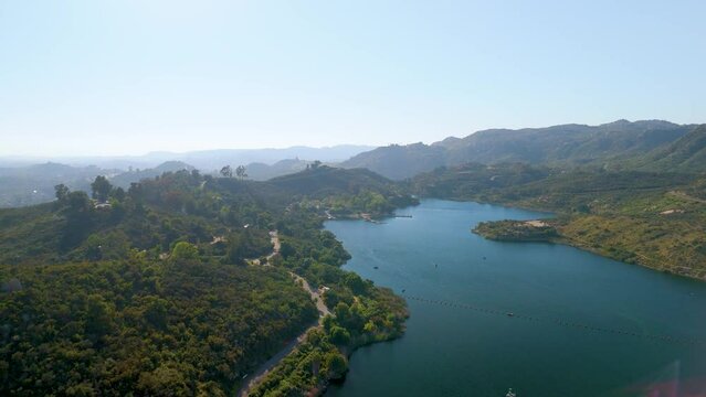 Dixon Lake Down Forested Hills In Escondido, San Diego California, United States. Aerial Drone Shot