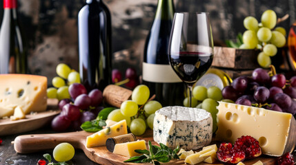 Assortment of red wine and cheese. Presented on wooden platter with array of fresh grapes. Fine dining.