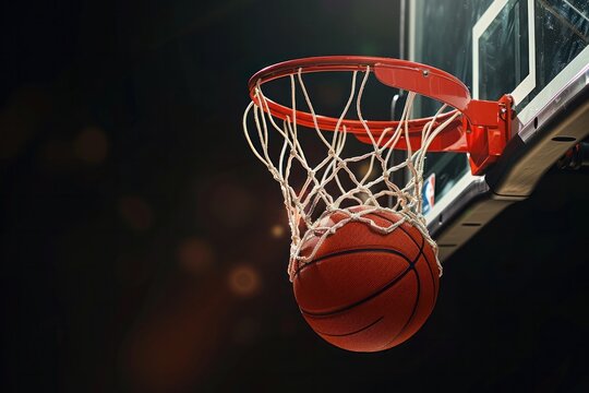 A basketball is in the air, about to go through the net