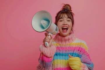 A woman is holding a microphone and smiling