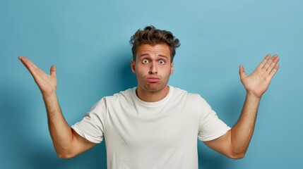 Fototapeta premium A man with a shocked expression, palms pressed against his blue-backed face