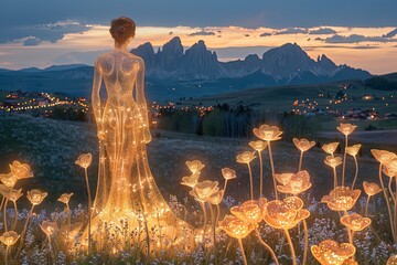 Tall Golden Figure in Glowing Bloom Village: Mountain Skyline Night.