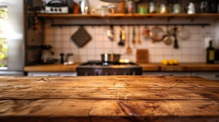 a rustic wooden kitchen counter with a blurred background 
