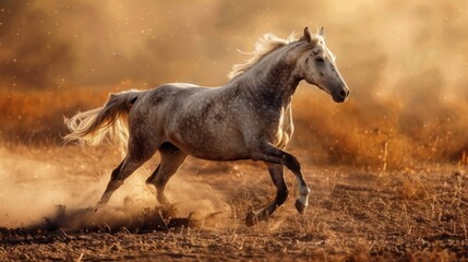 Fototapeta premium A brown horse, possibly a mare with her foal, gallops freely across a field