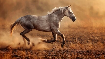 A brown horse, possibly a mare with her foal, gallops freely across a field