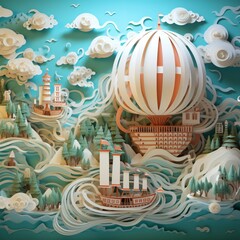 Obraz premium Airships navigating through floating archipelagos, adventure in the clouds, papercut 3D style