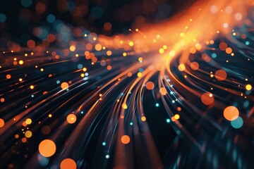 Abstract background with glowing light beams and fiber optic cables, creating dynamic lines of bokeh on a dark backdrop.