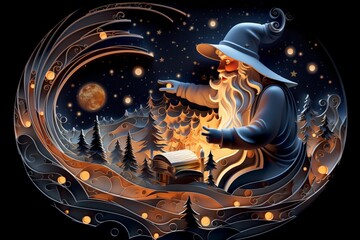 Wizard casting spells under a starlit sky, magic swirling, tome in hand, fantasy world, papercut 3D style