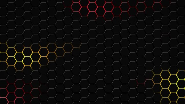 Dark hexagon geometry glowing tiles 3D animation neon LED luminance light shapes cyber digital pattern technology background color dark red orange