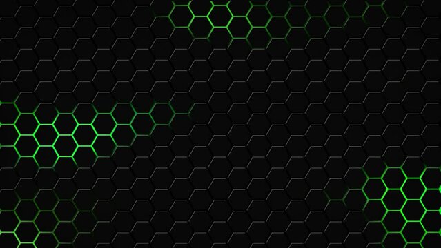 Dark hexagon geometry glowing tiles 3D animation neon LED luminance light shapes cyber digital pattern technology background color dark green