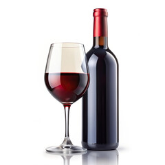A sophisticated display presenting a distinguished bottle of red wine and a polished wine glass, arranged against a clean white backdrop, ideal for advertising campaigns.