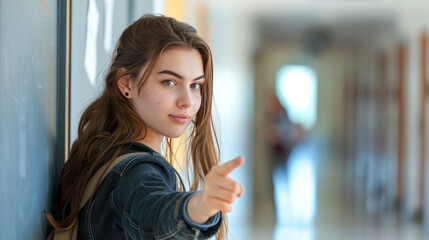 a beautiful female student pointing at a blank space at school 