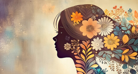 abstract floral and female silhouette on grunge background