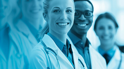 A group of diverse male and female health care workers. Professional image. Blue toned background - Powered by Adobe