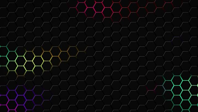 Dark hexagon geometry glowing tiles 3D animation neon LED luminance light shapes cyber digital pattern technology background color dark rainbow purple