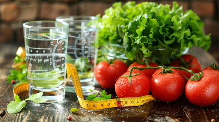 Fresh healthy vegetables, water and measuring tape. Healthy food. Fitness, diet, lifestyle. Low calorie.