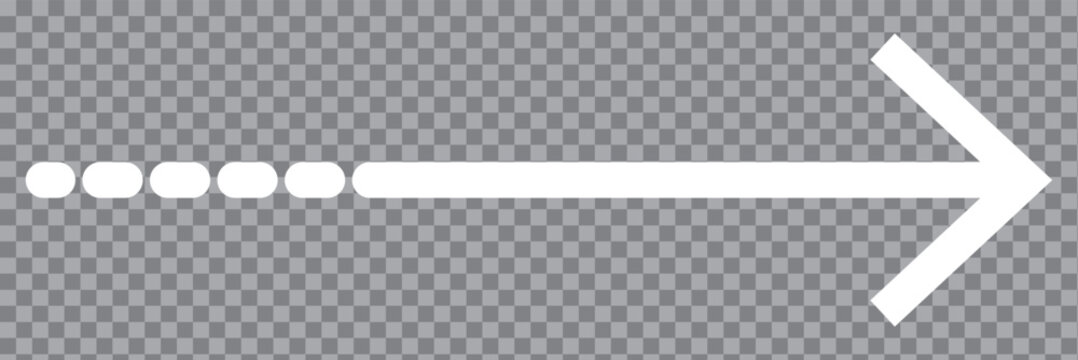 White horizontal long arrow. Straight white arrow cursor, horizontal element, thick pointer vector icon isolated on a transparent background.