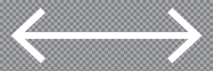 White horizontal long dual arrow. Straight two headed white arrow cursor, horizontal element, thick pointer vector icon isolated on a transparent background.