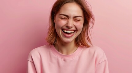 Fototapeta premium A woman smiles at the camera, surrounded by a pink wall She holds one donut in each hand