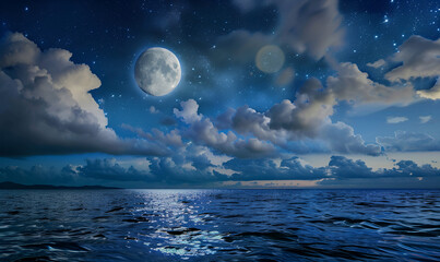 A full moon is shining over the ocean. Full moon and cloudy sky over the night lake