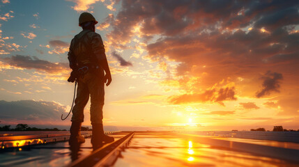 Fototapeta premium Silhouetted construction worker on rooftop. Overlooking construction site and city during sunset. Hard work, goals, achievement. 