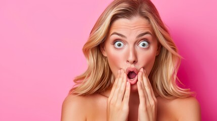 Fototapeta premium A woman with a shocked expression, hands covering her stunned mouth