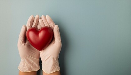 Heart disease prevention concept. Top view photograph of hands in medical gloves holding a heart model on light blue isolated background with copy-space for text or advertising placement