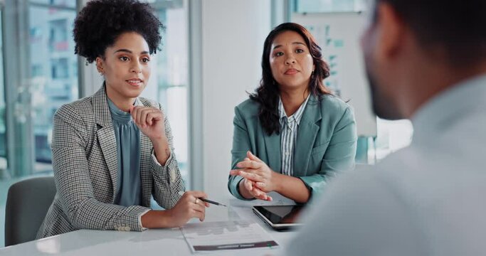 Business people, teamwork and job interview for project onboarding, proposal and b2b ideas in meeting. Professional women talking and listening to client or new employee for public relations decision